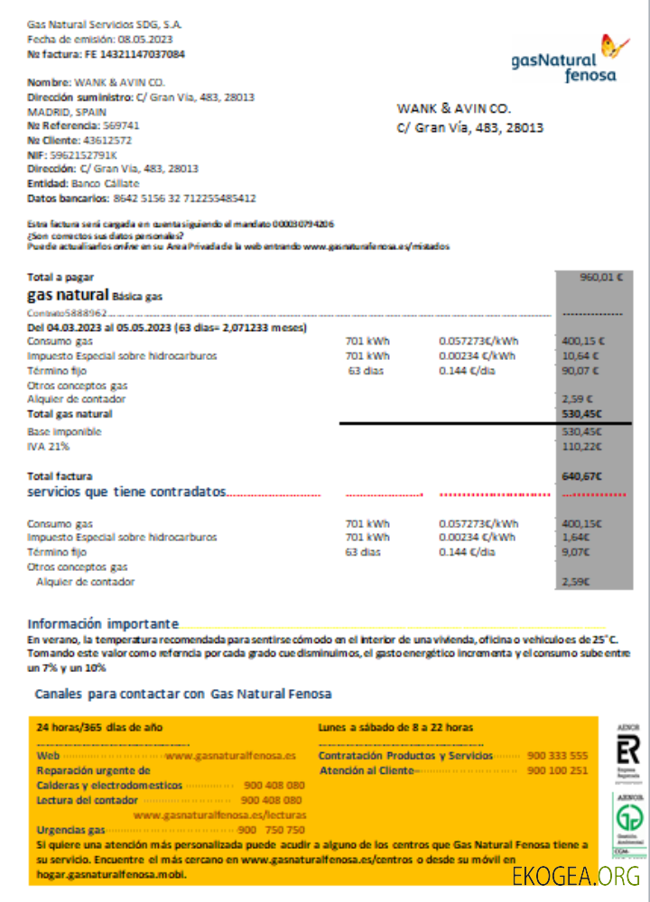 Espagne GasNatural fenosa facture commerciale de service public, SCR